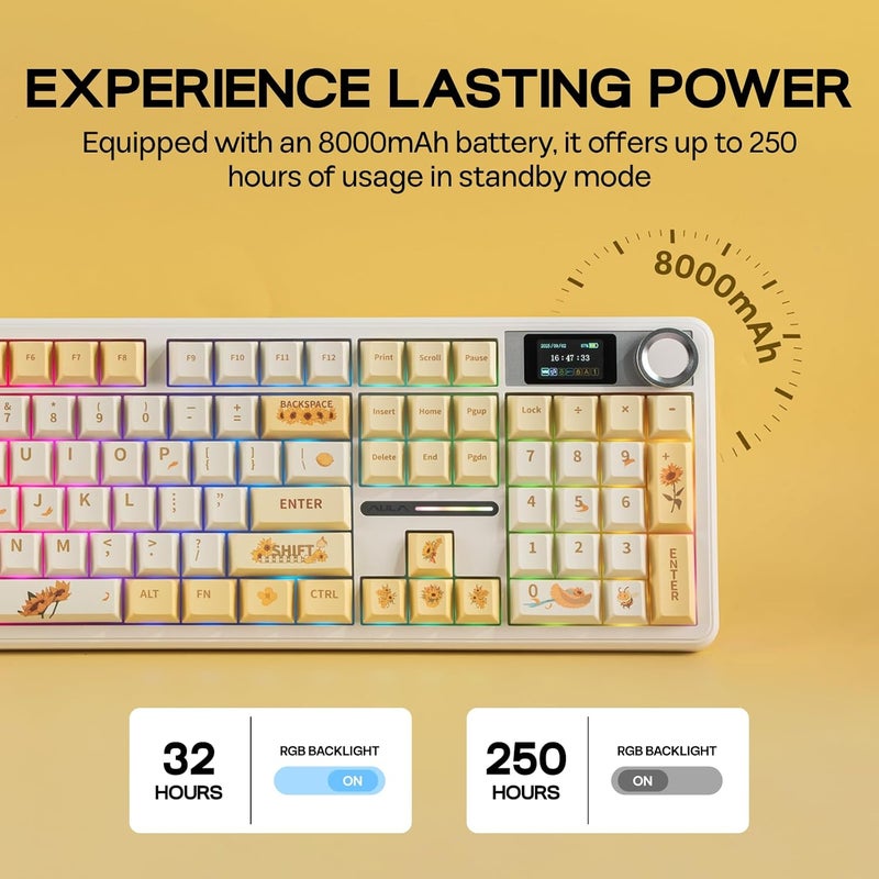 EPOMAKER X Aula F108 PRO Wireless Gaming Keyboard with Screen, 8000mAh Battery, 104 Hot-Swappable and Programmable Keys and Knob, RGB Backlight, for Mac/PC/Android (Grey&Yellow) - Image 5